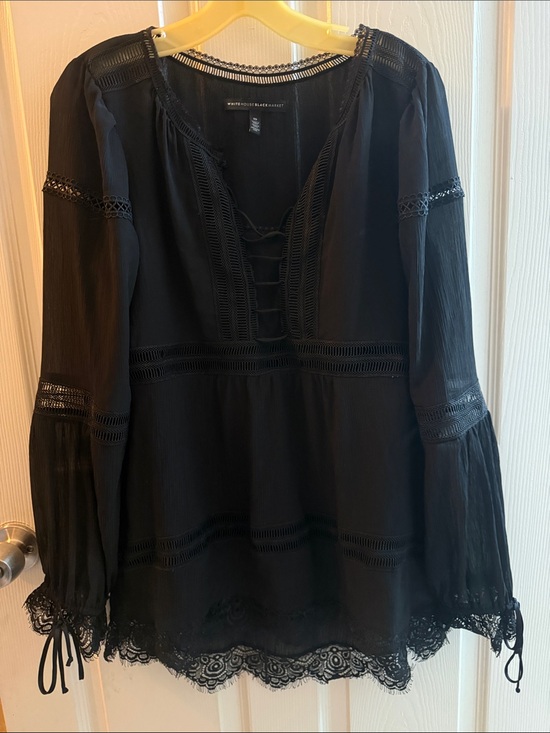 White House Black Market Tops - White House Black Market Black Lace-Trim Peasant Top